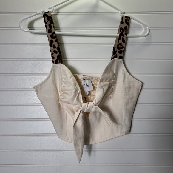 J.O.A. Crop Top Womens XS Ivory Front Tie Sleeveless Festival Animal Print Boho - Picture 1 of 6